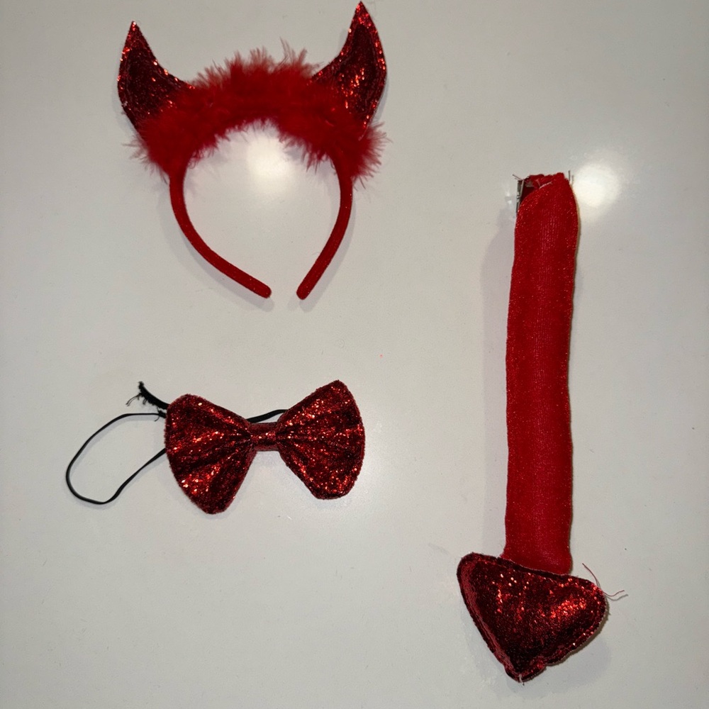Red Glitter Devil Costume Set — Headband, Tail & Bow